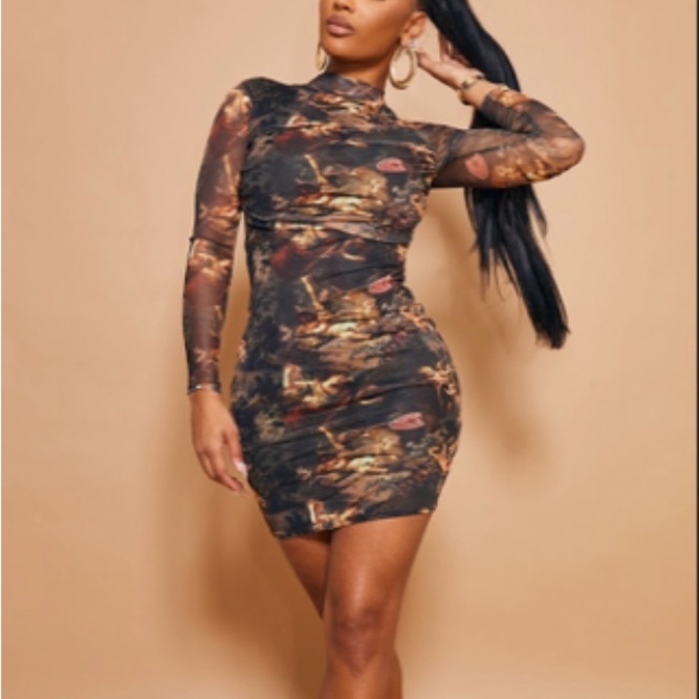 Shape Renaissance Print High Neck Mesh Bodycon Dress